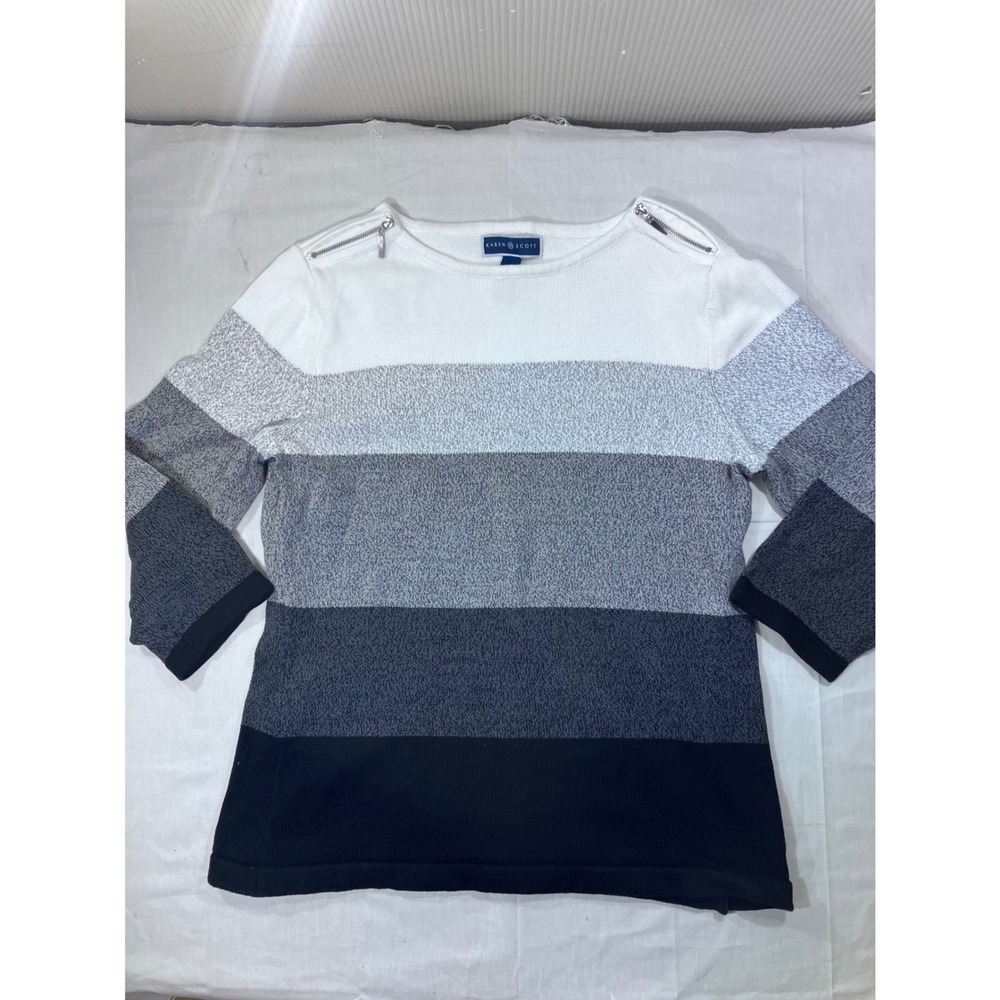 Karen Scott Striped Crew Neck Sweater Womens Size L Cotton Zipper Detail
